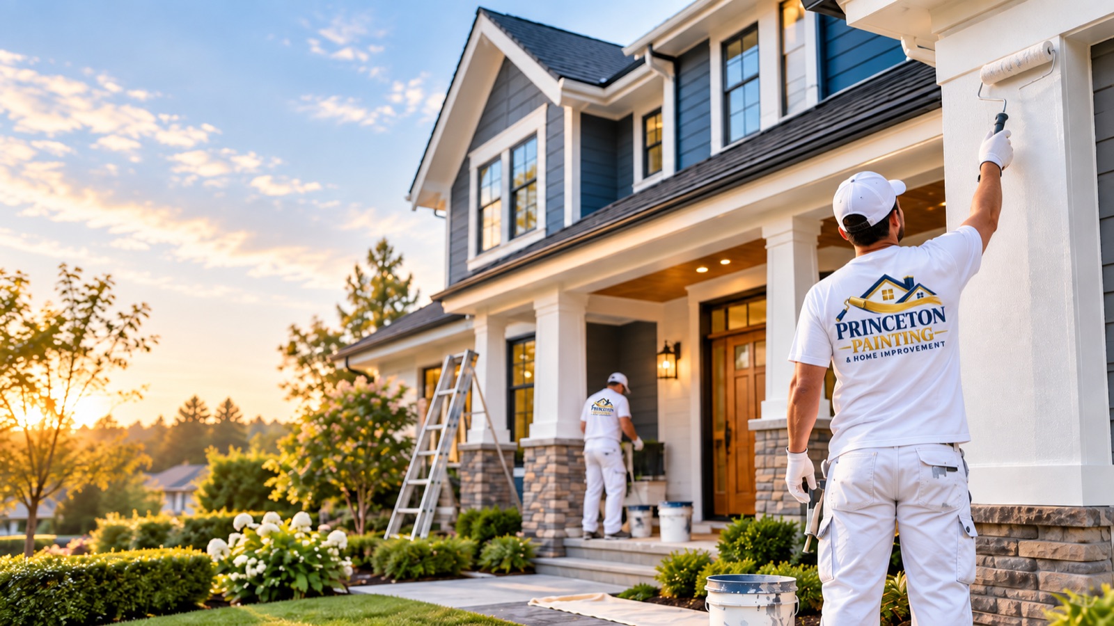 Princeton Painting & Home Improvement crew painting a home exterior at golden hour