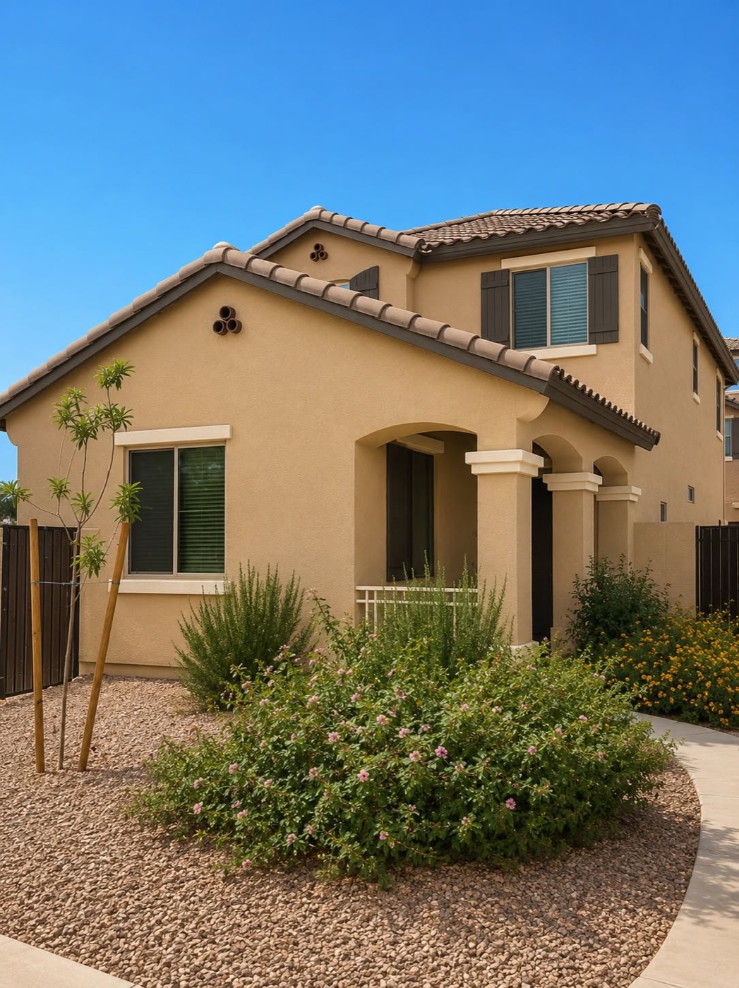 Two-story stucco home after a full exterior repaint