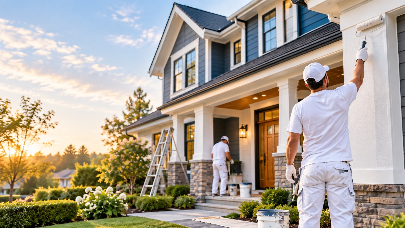 Painters refreshing a craftsman-style home exterior
